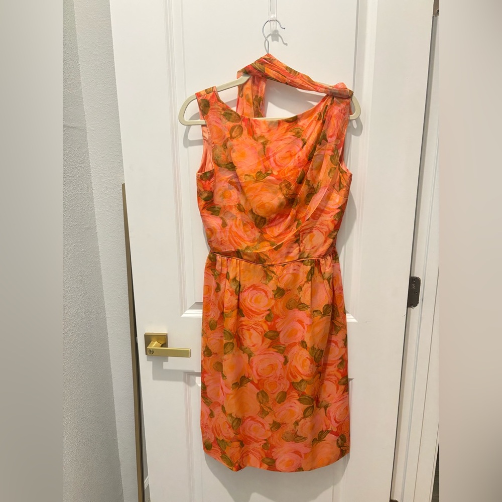 Vtg 1950s Penny Park New York Watercolor Rose Dress - Orange Tangerine
